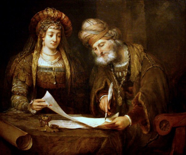 Aert_de_Gelder_-_Esther_y_Mardoqueo_escribiendo_la_primera_carta_del_Purim