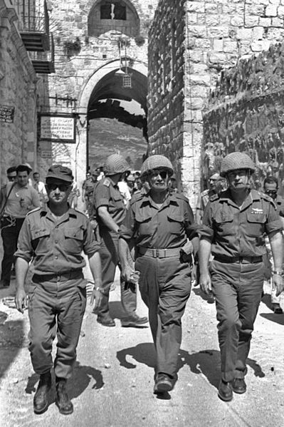 Chief of Staff Lt. Gen. Yitzhak Rabin in the entrance to the Old City of Jerusalem during the Six Day War, with Moshe Dayan and Uzi Narkiss. (Photo by Ilan Bruner)