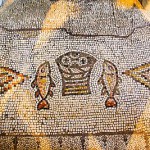 Tabgha on the northwestern shore of the Sea of Galilee, is the traditional site of the multiplication of the loaves and fishes. The above mosaic is found in the Church of the Multiplication in Tabgha.