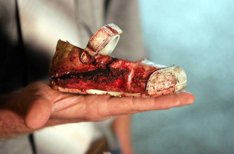 The bloodied shoe of an Israeli child who was injured when a Gaza missile was unleashed against an Israeli mall in Ashkelon.