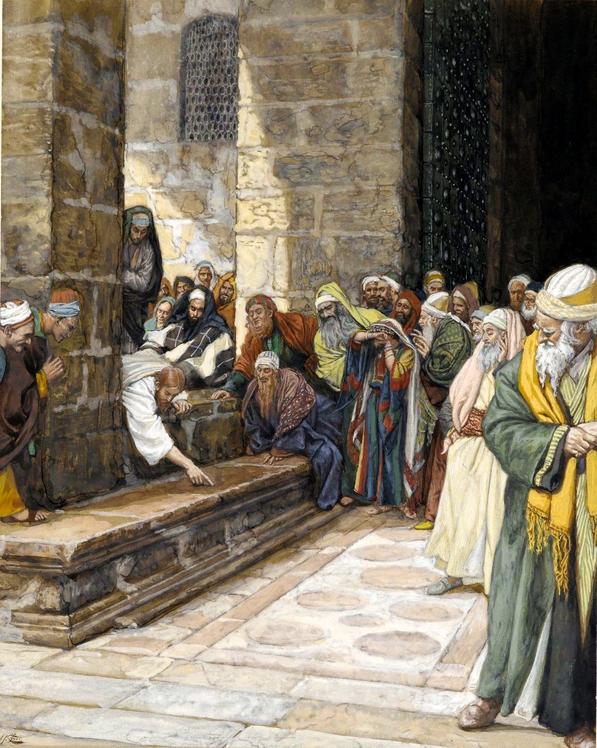 The Adulterous Woman–Messiah Writing Upon the Ground, by James Tissot