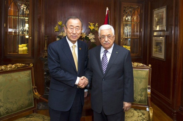 Secretary-General Ban Ki-moon (left) meets with Mahmoud Abbas, President of the State of Palestine, in Cairo, Egypt.