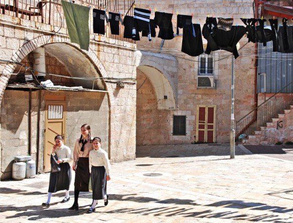 Orthodox Jewish girls in the Jerusalem neighborhood of Mea Shearim.