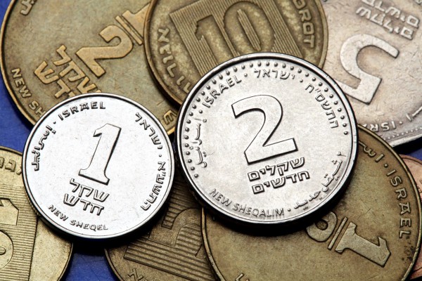 Israeli one and two shekels coins.