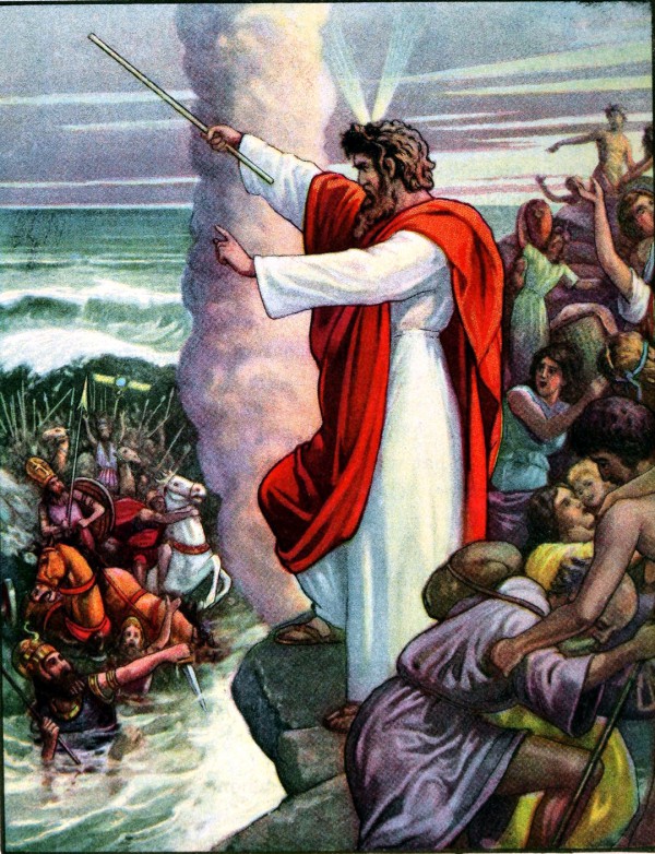 A 1919 Bible primer depiction of the Red Sea swallowing Pharaoh's army.