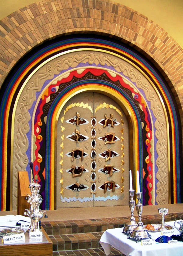 This elaborately decorated Aron HaKoshesh (Torah ark) houses and protects the Torah scrolls.