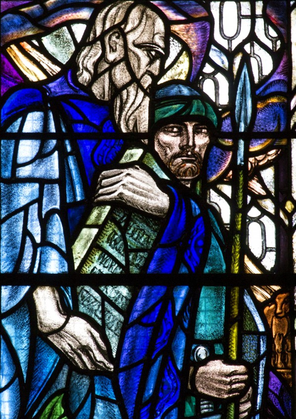 Detail from a stained-glass window featuring Moses and Joshua, by Douglas Strachan, in Glasgow's St. Mungo's Cathedral. (Photo by Fr. Lawrence Lew)