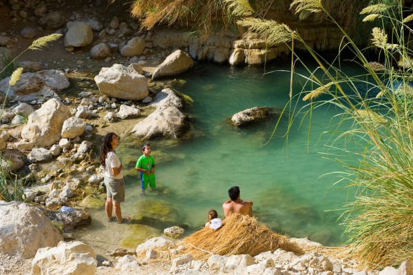 An Israeli family enjoys the cool waters of the Ein Gedi (Kid Spring), an oasis in the Judean Desert near the Dead Sea.