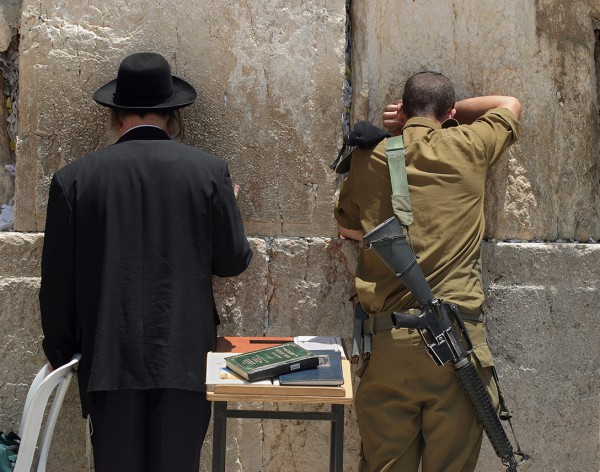 Western wall, orthodox man, Israeli soldier