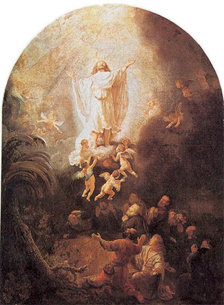 The Ascension (1636), by Rembrandt. After appearing to multitudes of people over 40 days, the risen Yeshua (Jesus), "was taken up before their very eyes." (Acts 1:9)