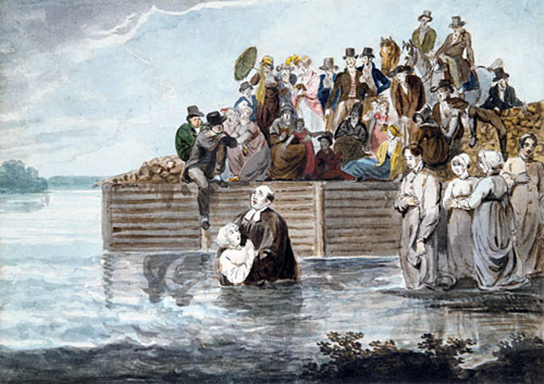 A Philadelphia Anabaptist Immersion during a Storm (1812), by Pavel Svinyin. Anabaptism began as a 16th century offshoot of the Protestant reformation. They shared the belief with other reformers that baptism in Scripture requires someone to confess his or her faith in Yeshua and be fully immersed.