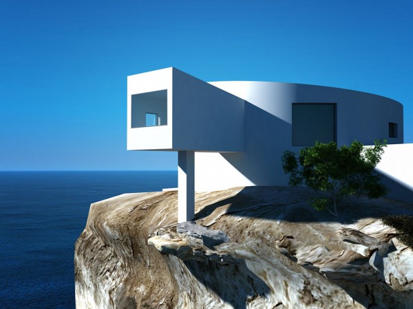 A modern home built atop a cliff.