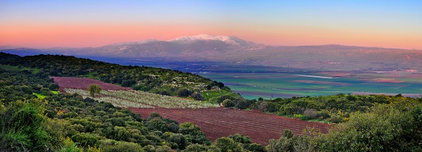 Mount Hermon and agricultural fields in northern Israel at sunset