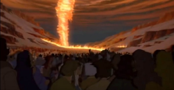 Scene from Prince of Egypt, depicting a pillar of fire lighting up the sky for the Israelites while also holding back the Egyptians.  (YouTube capture; fair use)