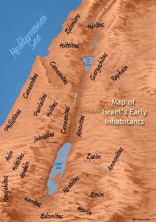 Map of Israel's early inhabitants, including the Canaanites and their descendants. 