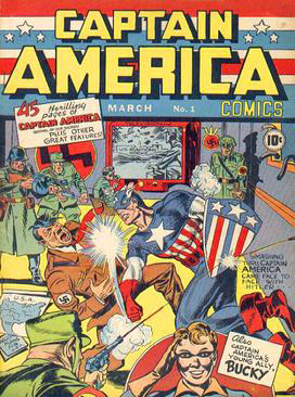 <b>Cover of Captain America Comics #1 (Mar. 1941)</b> shows the superhero punching Adolph Hitler. It sold 1 million copies.