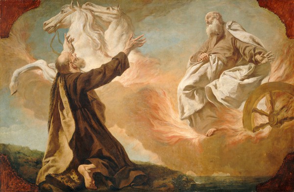 Elijah Taken Up in a Chariot of Fire (c. 1750), by Giuseppe Angeli, also depicts Elisha looking to the heavens, crying out “My father, my father! The chariots of Israel and its horsemen!” (2 Kings 2:11–12)